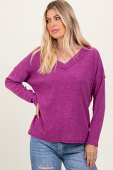 Magenta Ribbed V-Neck Long Sleeve Top