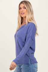 Blue Ribbed V-Neck Long Sleeve Top