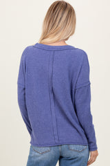 Blue Ribbed V-Neck Long Sleeve Top