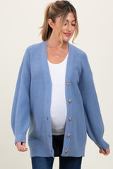 Blue Knit Oversized Button Down V-Neck Maternity Cardigan