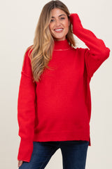 Red Mock Neck Contrast Seam Maternity Sweater