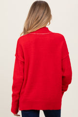 Red Mock Neck Contrast Seam Maternity Sweater