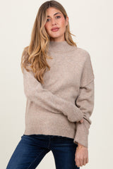 Light Taupe Mock Neck Contrast Seam Maternity Sweater