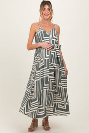 Light Olive Geometric Print Sash Tie Maternity Maxi Dress