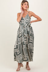 Light Olive Geometric Print Sash Tie Maternity Maxi Dress