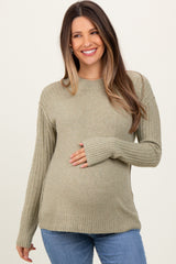 Light Olive Long Sleeve Raised Seam Maternity Sweater