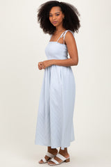 Blue Striped Shoulder Tie Smocked Maxi Dress