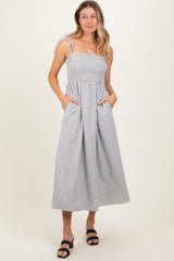 Ivory Striped Shoulder Tie Smocked Maxi Dress