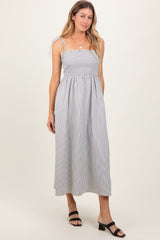 Ivory Striped Shoulder Tie Smocked Maxi Dress