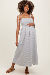 Ivory Striped Shoulder Tie Smocked Maternity Maxi Dress