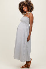 Ivory Striped Shoulder Tie Smocked Maternity Maxi Dress