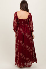 Burgundy Multi Floral Textured Peasant Babydoll Maxi Dress