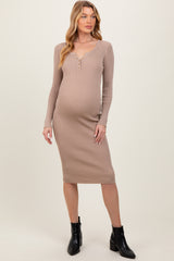 Beige Ribbed Henley Neckline Maternity Midi Sweater Dress