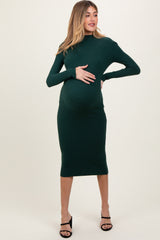 Forest Green Ribbed Knit Mock Neck Long Sleeve Maternity Midi Dress