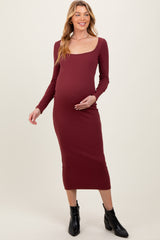 Burgundy Square Neck Rib Long Sleeve Maternity Maxi Dress