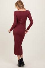 Burgundy Square Neck Rib Long Sleeve Maternity Maxi Dress