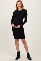 Black Crew Neck Double Layered Rib Maternity Mini Dress