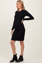 Black Crew Neck Double Layered Rib Maternity Mini Dress