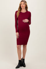 Burgundy Crew Neck Double Layered Rib Maternity Mini Dress