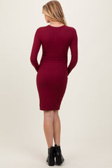 Burgundy Crew Neck Double Layered Rib Maternity Mini Dress