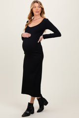 Black Scoop Neck Long Sleeve Maternity Midi Dress