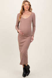 Mocha Scoop Neck Long Sleeve Maternity Midi Dress