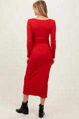 Red Scoop Neck Long Sleeve Maternity Midi Dress