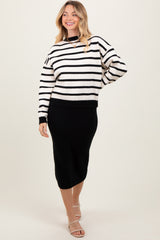 Black White Combo Stripe Sweater Top With Solid Skirt Sweater Set