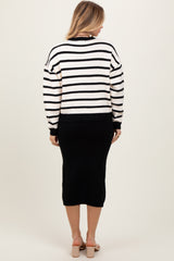 Black White Combo Stripe Sweater Top With Solid Skirt Sweater Set