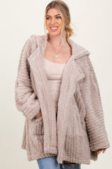 Beige Fuzzy Slit Hem Hooded Cardigan