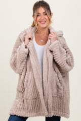 Beige Fuzzy Slit Hem Hooded Maternity Cardigan