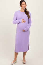 Lavender Ribbed Knit Long Sleeve Side Slit Maternity Midi Dress