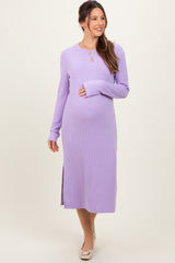 Lavender Ribbed Knit Long Sleeve Side Slit Maternity Midi Dress