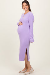 Lavender Ribbed Knit Long Sleeve Side Slit Maternity Midi Dress