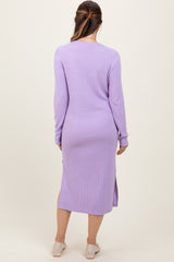 Lavender Ribbed Knit Long Sleeve Side Slit Maternity Midi Dress