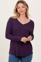 Purple Basic Brushed Rib V-Neck Maternity Top