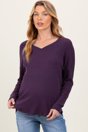 Purple Basic Brushed Rib V-Neck Maternity Top