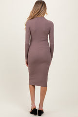 Mocha Ribbed Knit Mock Neck Long Sleeve Maternity Midi Dress