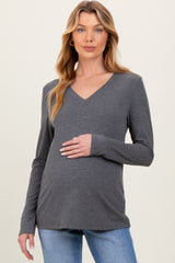 Charcoal Ribbed Knit V-Neck Maternity Long Sleeve Top