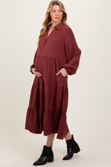 Rust Tiered Button Down Long Sleeve Maternity Maxi Dress