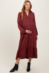 Rust Tiered Button Down Long Sleeve Maternity Maxi Dress