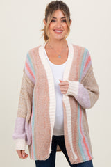 Beige Colorblock Stripe Knit Open Maternity Cardigan