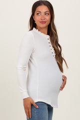 Cream Ruffle Collar Micro Waffle Knit Maternity Henley Top