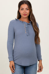 Blue Ruffle Collar Micro Waffle Knit Maternity Henley Top