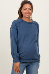 Navy Ribbed Knit Front Pocket Maternity Pullover