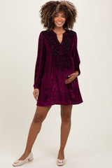 Burgundy Velvet Damask Print Long Sleeve Maternity Mini Dress