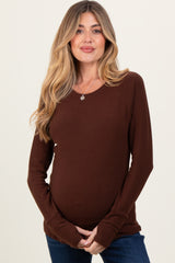 Brown Brushed Knit Thumb-Hole Maternity Long Sleeve