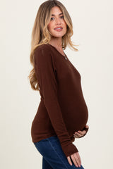 Brown Brushed Knit Thumb-Hole Maternity Long Sleeve