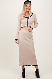 Cream Contrast Bow Ribbed Knit Crop Top And Midi Skirt Set