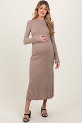 Light Mocha Ribbed Knit Maternity Midi Sweater Dress